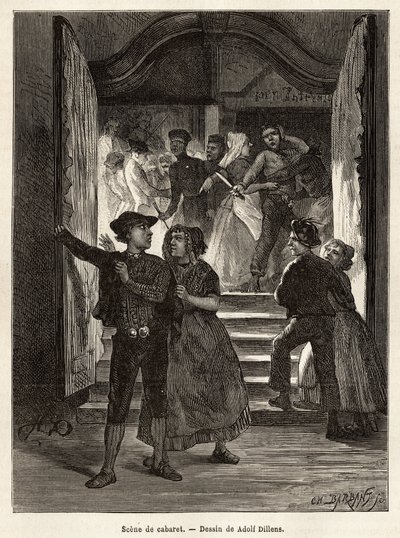 A cabaret scene, a couple leaves the scene, while a man threatens them with a knife, held by two women; while another couple faces them when entering the cabaret, engraving after the drawing by Adolf Dillens, illustrating a journey to Zelande (Neerlande) by Adolf Alexander Dillens