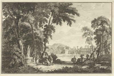 Arcadian River Landscape with Figures Worshipping a Statue (Italian and German Landscapes) by Adolf van der Laan