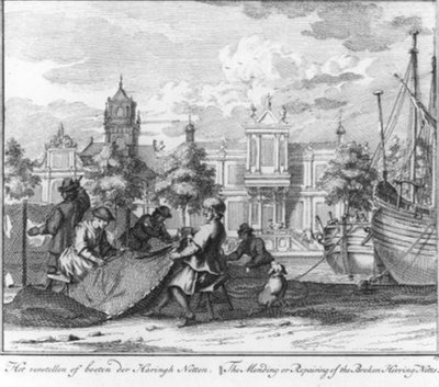 Repairing or Mending the Herring Nets (no. 17 from the series Herring Fishing) by Adolf van der Laan