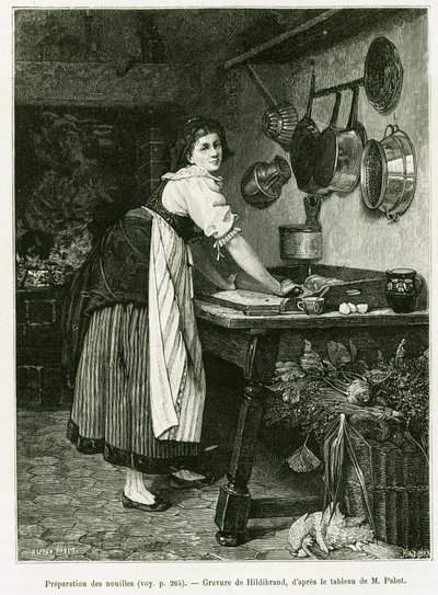 Noodle preparation. Engraving to illustrate the story A Through Alsace and Lorraine, in 1887, by Charles Grad, in the tour du monde 1888, directed by Edouard Charton, Hachette, Paris. by Adolf von Hildebrand