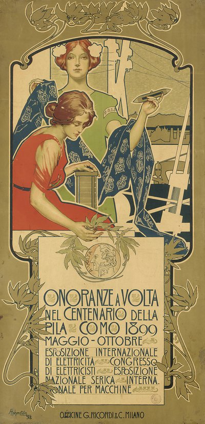 Poster Advertising the Exhibition of Electrical Products Held in Honor of the 100th Anniversary of the Birth of Alessandro Volta by Adolfo Hohenstein