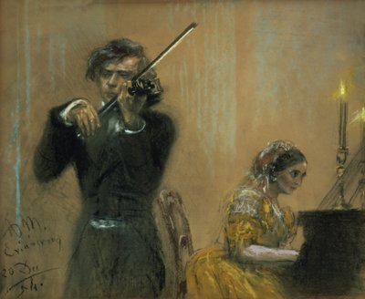Clara Schumann (1819-96) and Joseph Joachim in concert by Adolph Menzel