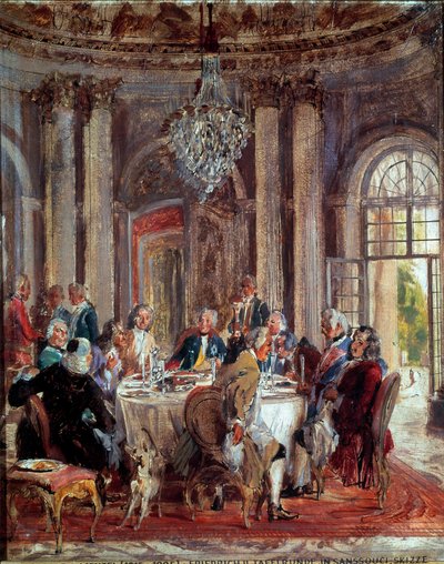 The Round Table of Frederic II of Prussia with Voltaire and Christoph Ludwig von Stille at the Palace of Sanssouci by Adolph Menzel