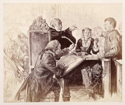 Adam Speaks to Veit During the Trial, with Clerk Licht Dipping the Pen, Judge Sneezing, from Heinrich von Kleist