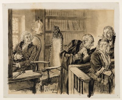Adam Speaks Secretly to Eve. Light Listens. The Judge Calls Adam Back to the Bench. to Heinrich von Kleist, The Broken Jug by Adolph Menzel