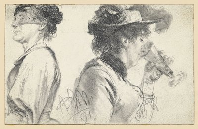 Bust of a Lady with Veil and Lady with Hat Drinking from a Glass by Adolph Menzel