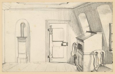 Attic Room with Stove, Door, Writing Cabinet and Chairs in Goethe House in Frankfurt am Main by Adolph Menzel