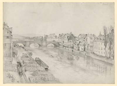 The Fulda in Kassel. River Landscape with Bridge and Houses by Adolph Menzel