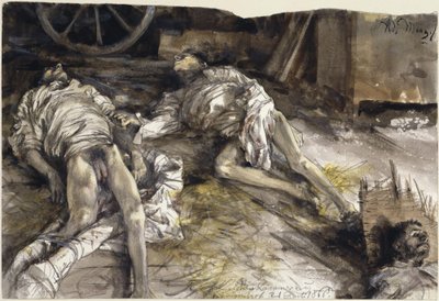 Three Fallen Soldiers in a Barn / Mortuary at Königinhof by Adolph Menzel
