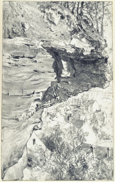 Rock Overhang with Village in the Background (Saxon Switzerland?) by Adolph Menzel