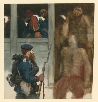 French Prisoner Transport in Railway Carriages, with a Prussian Infantryman in Front, Scene from the War of 1870 by Adolph Menzel