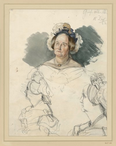 Countess Alvensleben, born von der Osten-Sacken. Below two busts. Study for the painting "Coronation of Wilhelm I in Königsberg" by Adolph Menzel
