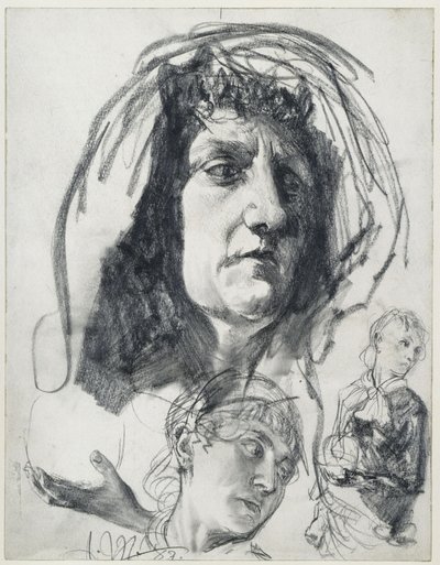 Head of an Older Woman with Cloth, Studies of a Younger Woman with Hat. Model Studies for "Piazza d