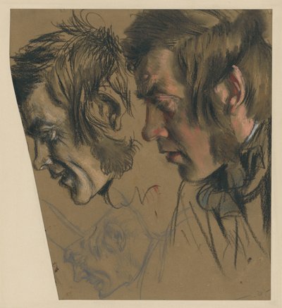 Male Head with Sideburns, Bent Forward; l.: Smaller Repetition, u.: Same with Cap by Adolph Menzel