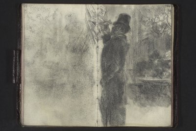 Man with Top Hat and Umbrella Examining Notes Hanging on the Wall by Adolph Menzel