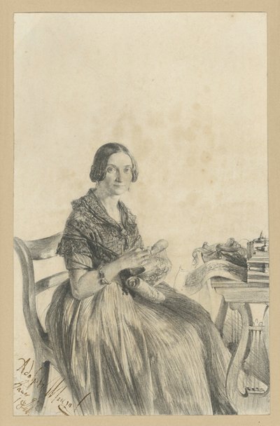 Pauline Martini, née Dambke, Sitting at the Table, Facing the Viewer by Adolph Menzel