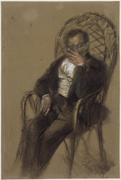Smoking Gentleman with Glasses Sitting in a Wicker Chair by Adolph Menzel