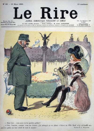 A soldier and a prostitute in the gardens - why did you get cold legs? - Yes, old man, like you in Crimee, I caught on my way this winter to the North Pole, and I warm my poor legs to the good sun of everyone! - drawing by Adolphe Willette for Le Rire by Adolphe Leon Willette