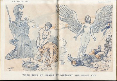 Illustration of Adolphe dit Willette (1857-1926) in Fantasio, 01/05/15 - Living beautiful and dying by releasing a beautiful soul - War of 14-18, Dead corpses, Barbary/Kultur, Jam of Skull - Soldiers by Adolphe Leon Willette