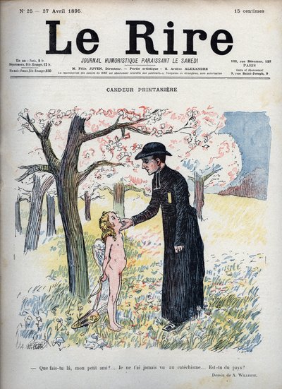 Spring Candeur - In a forest of flowers, a priest stroking the face of a naked child, hiding behind his back a bow and arrow and a pair of wings. Not knowing that he is Cupid, asks him if he is new, since no one has ever seen him at the catechism - illustr by Adolphe Leon Willette