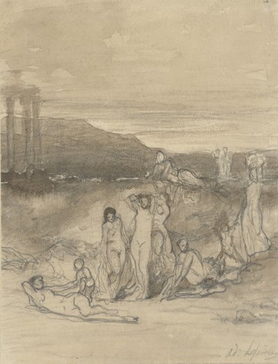 Classical Landscape with Reclining, Standing, and Sitting Nude Figures and a Temple Ruin by Adolphe René Lefèvre
