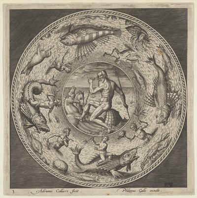 Design for a Plate with Neptune in a Shell Drawn by Horses in a Medallion Bordered by..., c. 1600 by Adriaen Collaert