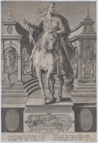 Equestrian statue of Julius Caesar, seen from the front, with a scene, ca. 1587-89 by Adriaen Collaert