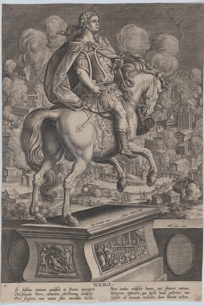 Plate 6: Equestrian Statue of Nero, seen from behind, the Great Fire of Rome, ca. 1587-89 by Adriaen Collaert