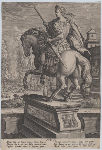 Plate 8: Equestrian Statue of Otho, Seen from Behind, His Death Scene in the Background by Adriaen Collaert