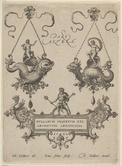 Title Plate with Two Pendant Designs Above and Neptune Standing on a Cartouche Below by Adriaen Collaert