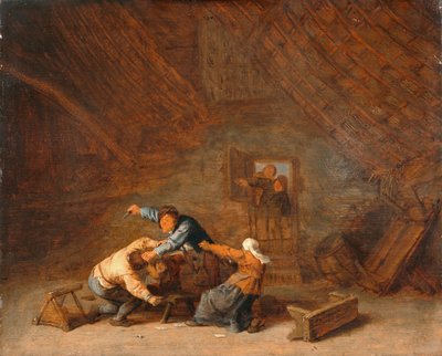 Interior of a Barn with Two Peasants Fighting by Adriaen Jansz. van (attr. to) Ostade