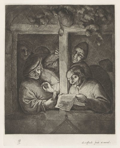 Three men singing from sheet music by candlelight at an open window by Adriaen van Ostade