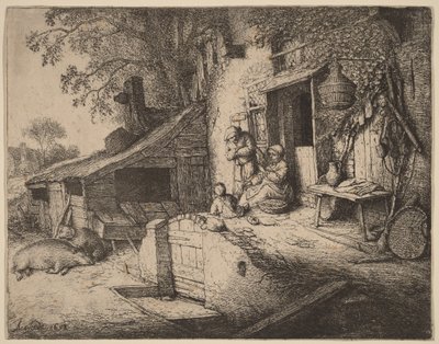 Farmstead with a Peasant Family Outside the Front Door, the Woman Spinning by Adriaen van Ostade