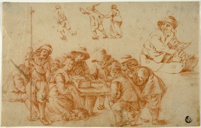 Sketches of Peasants Playing Dice and Skating; Sketch of Boy on Sled by Adriaen van Ostade