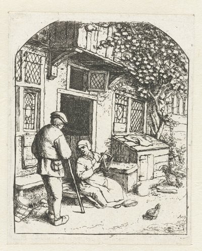Spinner Sitting on the Threshold of a House Talking to a Man (The Spinner at the Door of the House) by Adriaen van Ostade