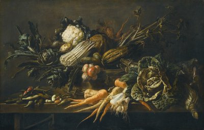 Still Life of Artichoke, Asparagus, Green Cabbage, Onions, Beans, Carrots and Other Vegetables, All Upon a Wooden Bench by Adriaen van Utrecht