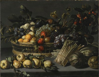 Still Life with Fruit Piled High in a Basket, Surrounded by Quinces, Melons and Asparagus on a Ledge by Adriaen van Utrecht