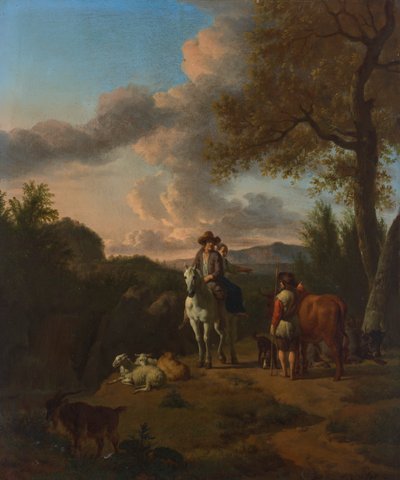 An Italianate Landscape with a Man and a Woman on a White Horse, Asking Directions from a Herder by Adriaen van de Velde