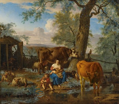 Cattle with Breastfeeding Woman and Child Playing with a Dog by Adriaen van de Velde