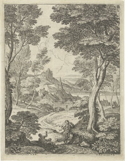 Landscape with pointed tower (series title: Landscapes with shepherds) by Adriaen van der Kabel
