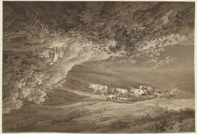 A Landscape with a Herd of Cows and Goats, Surmounted by Another Landscape, Upside-down, with a Man Pushing a Wheelbarrow by Adrian Zingg