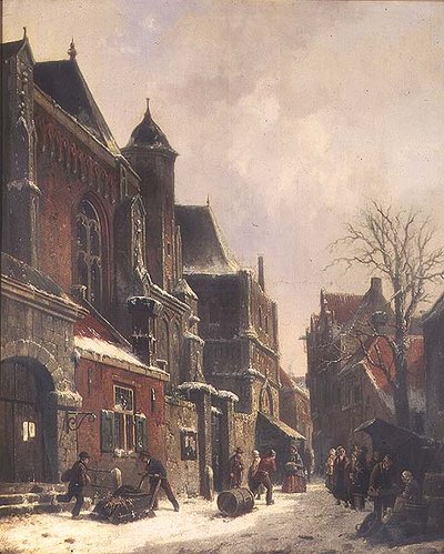 A Dutch Street Scene with Figures by a Church by Adrianus Eversen