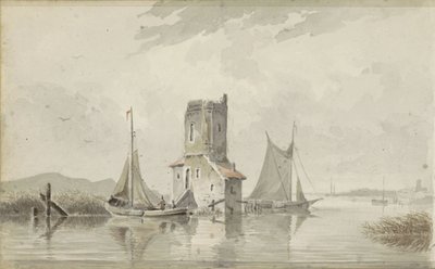 River Landscape with a Tower by Adrianus Eversen