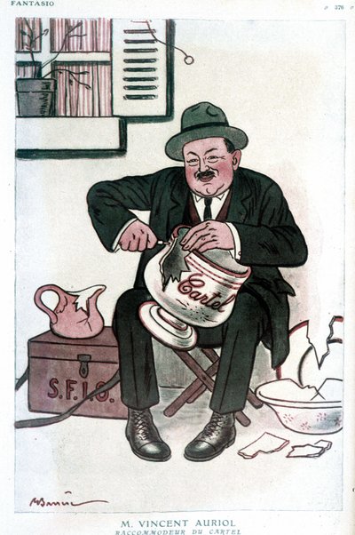 Mr. Vincent Auriol, Cartel Raccommodeur: humorous drawing on Vincent Auriol (1884-1938), on the SFIO and the Cartel des gauche. Drawing by A. Barrere - in 