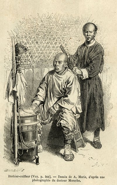 A barber in full work, a bench and cylindrical wooden box with compartments and a bowl make up his travelling equipment. Engraving after A.Marie