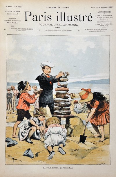 The Eiffel Tower. A Group of Children Playing on a Beach and Realizing a Replica of the Eiffel Tower with Stones and Sand. Illustration by Adrien Marie. Engraving from 1887 in 