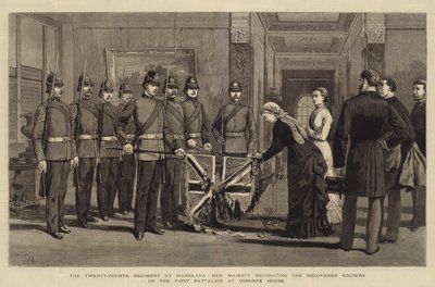 The Twenty-Fourth Regiment at Isandlwana, Her Majesty Decorating the Recovered Colours of the First Battalion at Osborne House by Adrien Emmanuel Marie