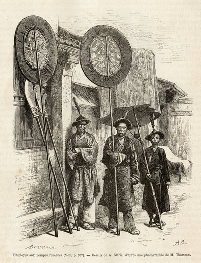 Three funeral workers in Pekin (engraving after A. Marie