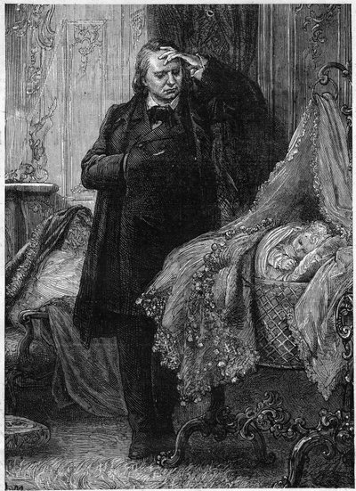 Victor Hugo observing a child sleeping in his crib. Illustration of 