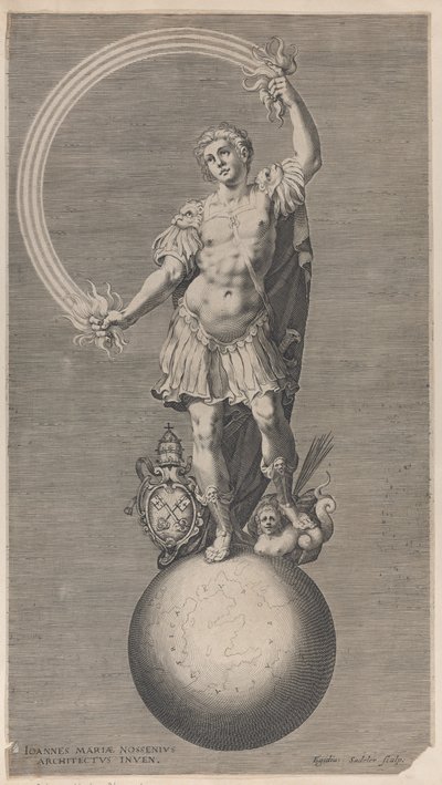 Allegorical figure of a warrior standing on a globe with the papal coat of arms, ca. 1588-1629 by Aegidius Sadeler II